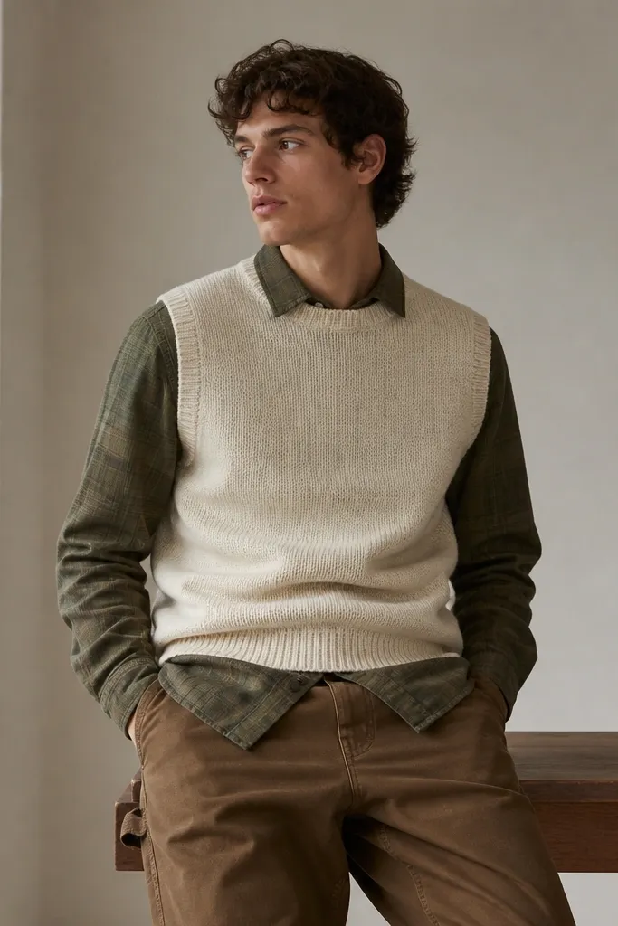 An olive flannel button-up layered under a cream sweater vest, paired with brown workwear pants; the image shows the flannel collar peeking out.