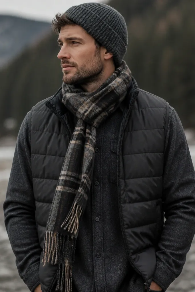 A charcoal flannel shirt under a quilted puffer-style vest, with a knit beanie and a plaid scarf; the photo shows multiple winter textures layered together.