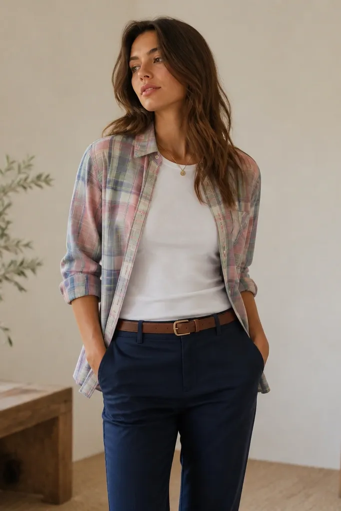 A pastel plaid flannel worn open over a white tee, with navy chinos and a visible belt; the outfit shows a slight waist emphasis.