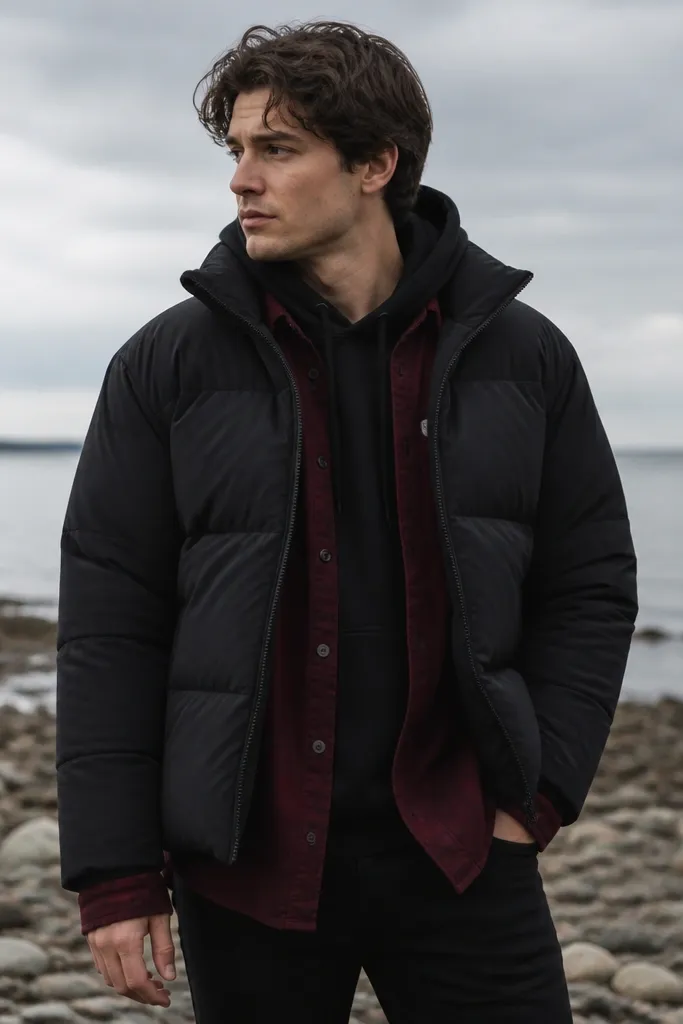 A burgundy flannel button-up layered over a black hoodie, with a puffer jacket worn over the top; flannel sleeves peek out near the cuffs.