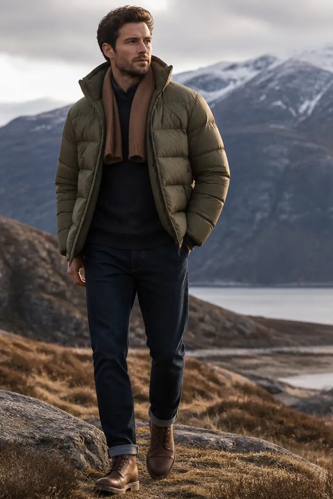 A matte olive puffer jacket worn open over a dark knit sweater, with a camel-brown scarf tucked neatly; dark indigo denim and rugged brown boots complete the look.