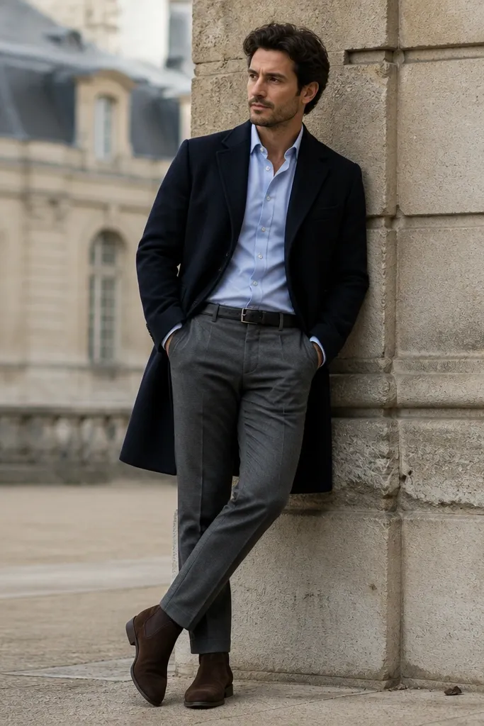 A navy wool coat over a light blue button-down with the collar visible, styled with grey tapered trousers and dark brown suede boots; minimal belt and no loud accessories.