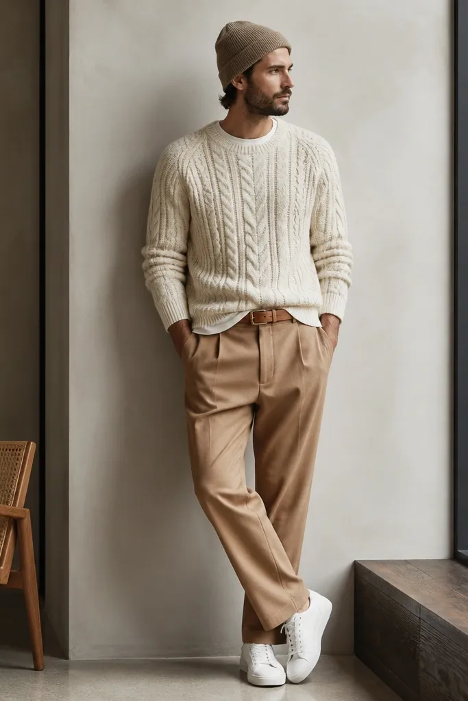 A cream cable knit sweater layered over a thin neutral tee, paired with camel wool trousers and clean white low-top sneakers; a tan belt and a wool beanie finish it.
