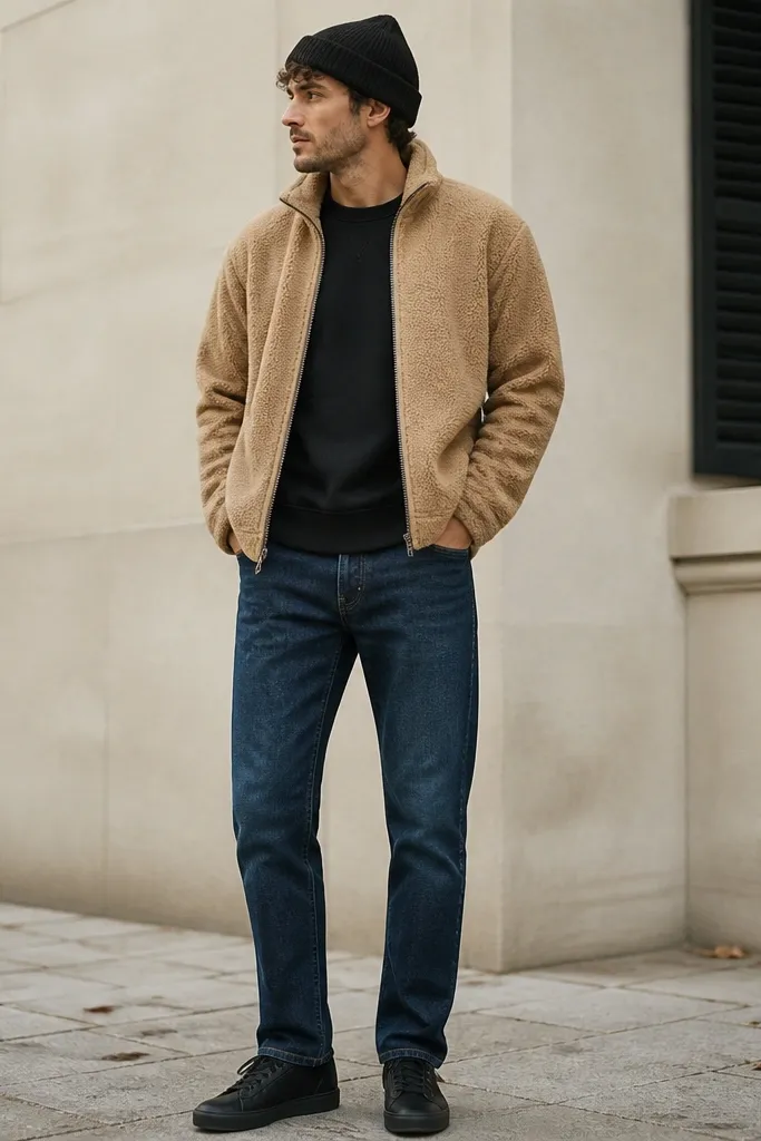 A tan sherpa jacket with a zip front over a black crewneck sweatshirt, paired with straight-leg medium-dark jeans; black beanie and simple black sneakers.