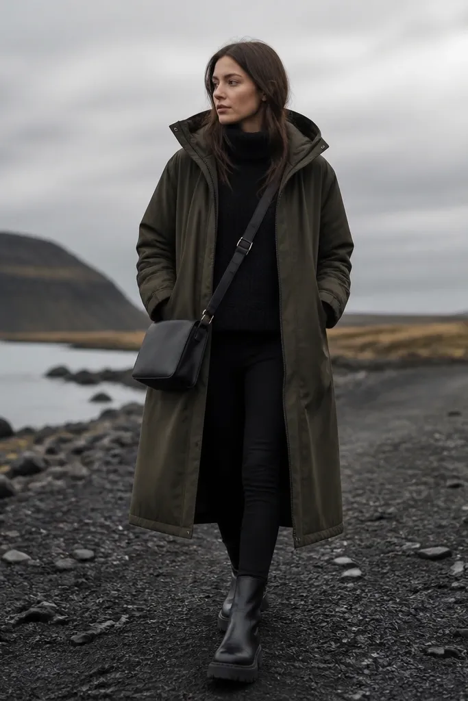 A dark olive long parka with a hood worn over a black knit sweater and black thermal base layer; black leather boots with thick soles and a slim crossbody bag.