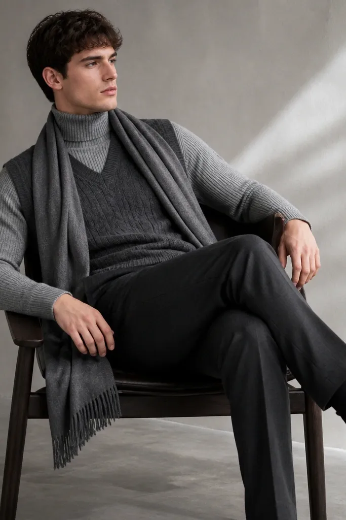 A tonal grey setup: ribbed turtleneck under a wool knit sweater vest, paired with charcoal trousers and black Chelsea boots; a grey scarf is loosely draped.
