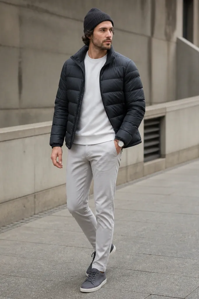 A black puffer jacket worn over a white crewneck, paired with light grey chinos and dark grey sneakers; a simple beanie and small wristwatch.