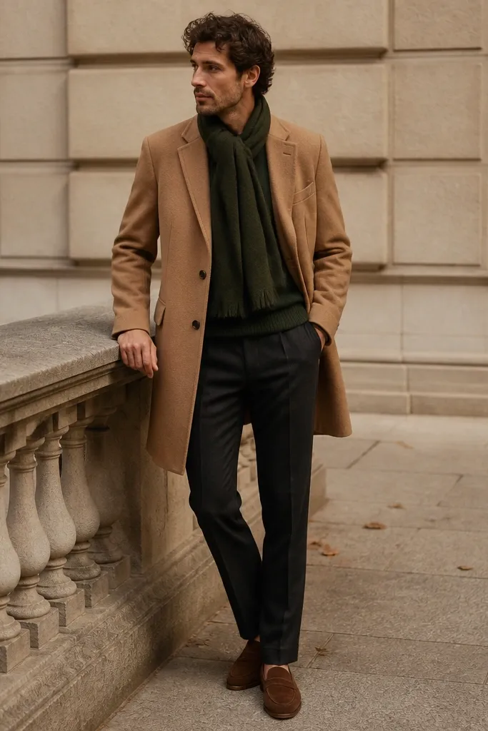 A camel overcoat over a dark green knit sweater, paired with dark trousers and brown suede loafers; a wool scarf in deep green sits at the neck.