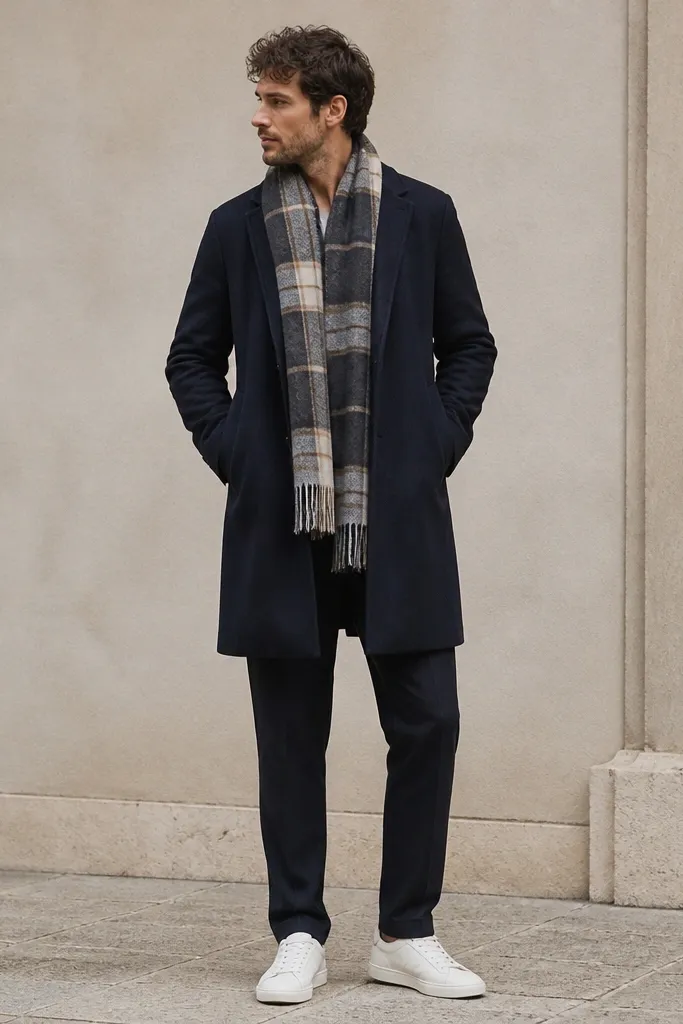 A solid dark coat with a prominent checked wool scarf at the front, paired with dark straight trousers and minimal white sneakers; hands in coat pockets, no other bold accessories.