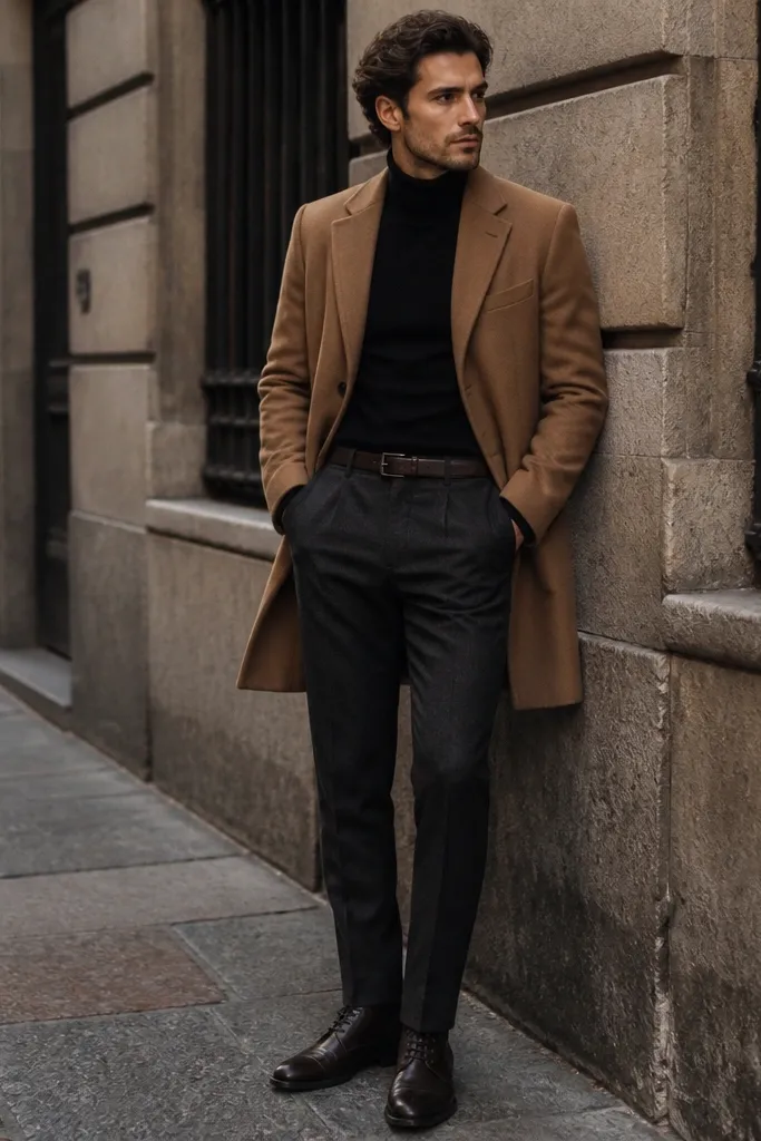 A street-style photo of a man in a camel topcoat with a black mock neck sweater, tapered wool trousers in deep charcoal, and sleek leather lace-up boots; a dark belt is visible.