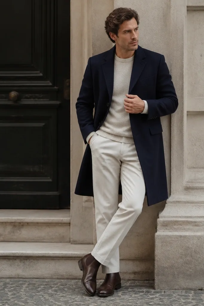 A man wearing a navy wool overcoat over an oatmeal crewneck, light-wash or off-white chinos, and brown leather boots; the knit texture is visible at the cuffs.