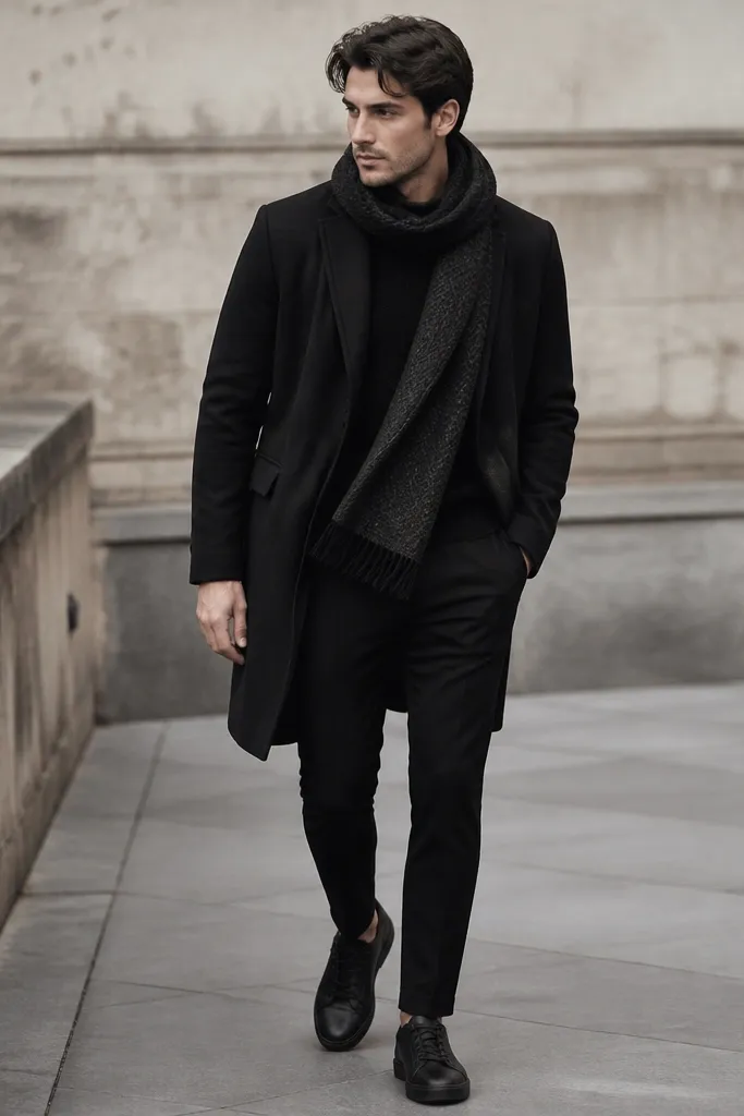 A monochrome black winter outfit: black coat, black knit sweater, black slim pants, a textured black scarf, and matte leather sneakers; the scarf drapes across the front.