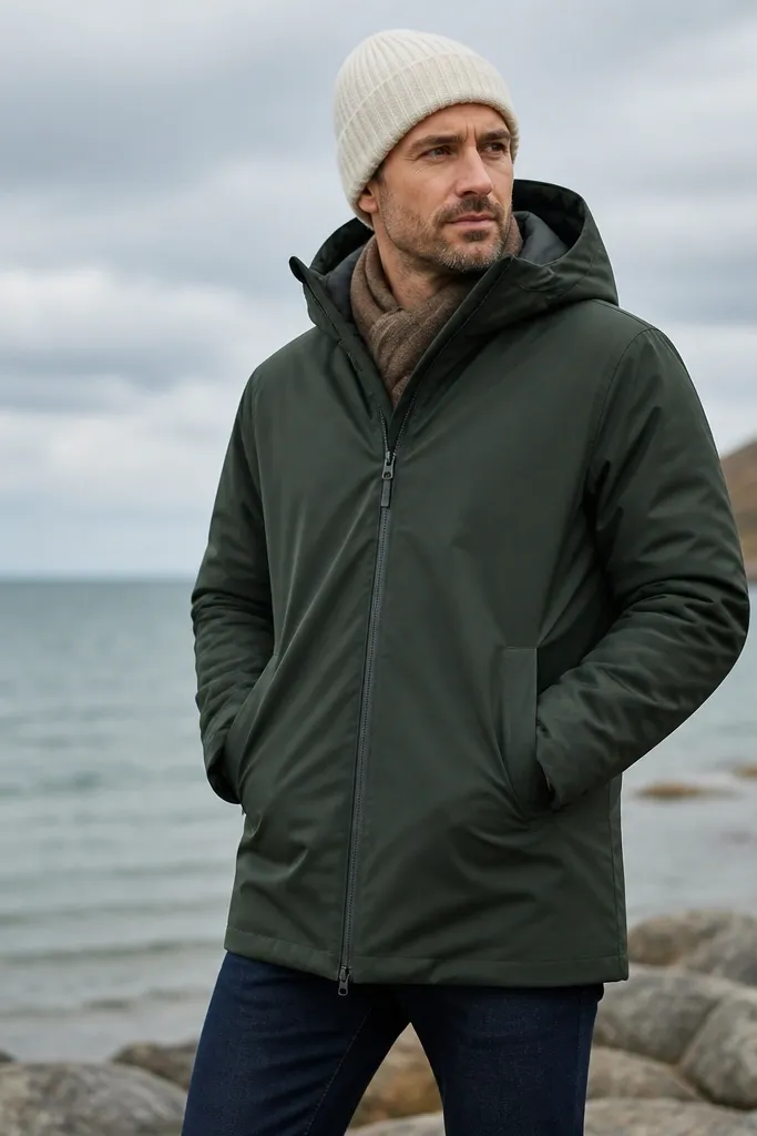 A man in a deep green insulated parka with a clean zipper, wearing a cream knit beanie and dark straight-leg denim; a scarf is tucked into the collar.