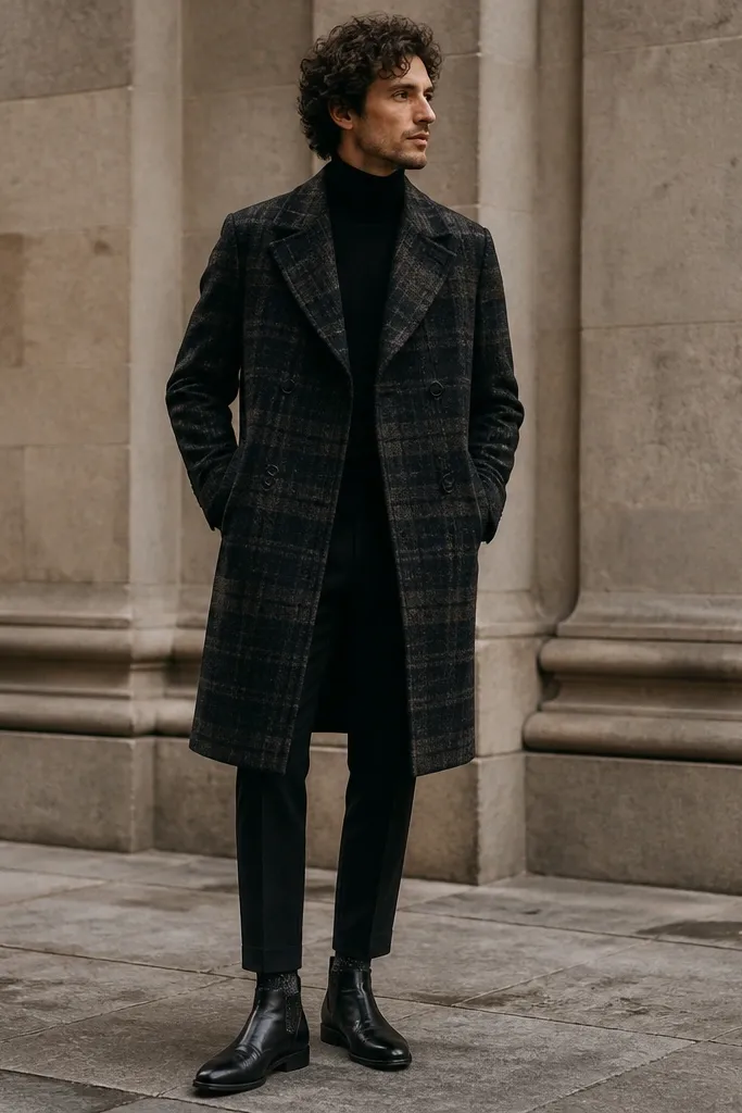 A man in a dark plaid overcoat over a solid black turtleneck, with tailored trousers and shoes; wool socks are visible slightly above the boot line.
