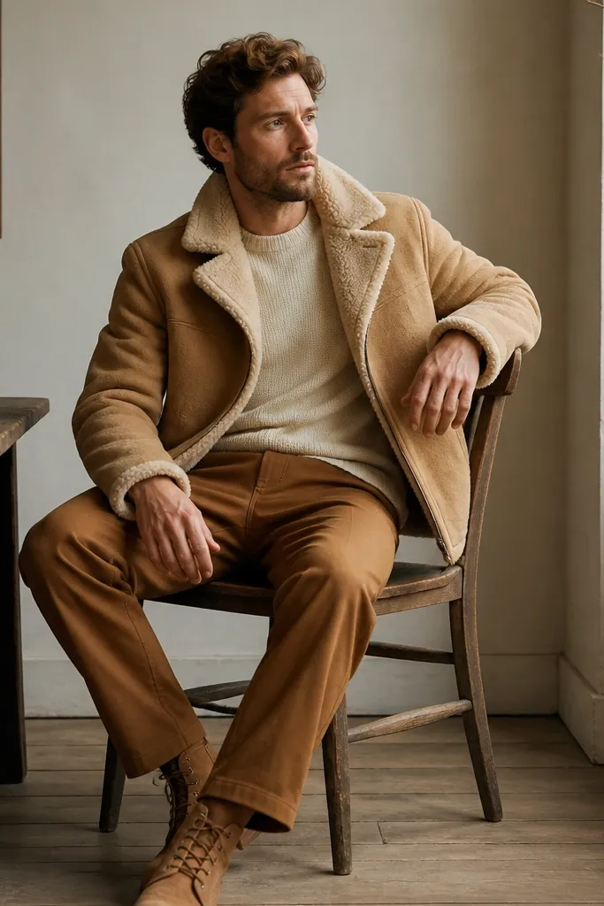 A man wearing a tan shearling-look jacket (faux fur collar), an off-white sweater, caramel-brown trousers, and tan boots; the jacket texture stands out.
