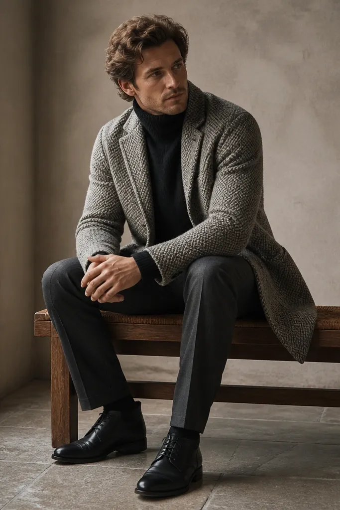 A man in a grey textured knit coat over a black turtleneck and charcoal trousers, with black leather lace-up shoes; the knit pattern is visible in the photo.