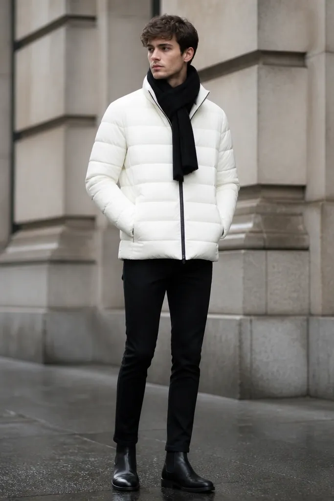 A man in a bright white puffer jacket with a black scarf wrapped at the neck, slim black trousers, and black boots; the jacket has a clean, minimal quilting pattern.
