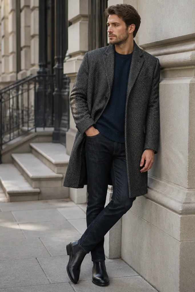 A man wearing a dark herringbone coat over a navy crewneck sweater, dark jeans, and black leather shoes; the coat pattern is crisp in daylight.