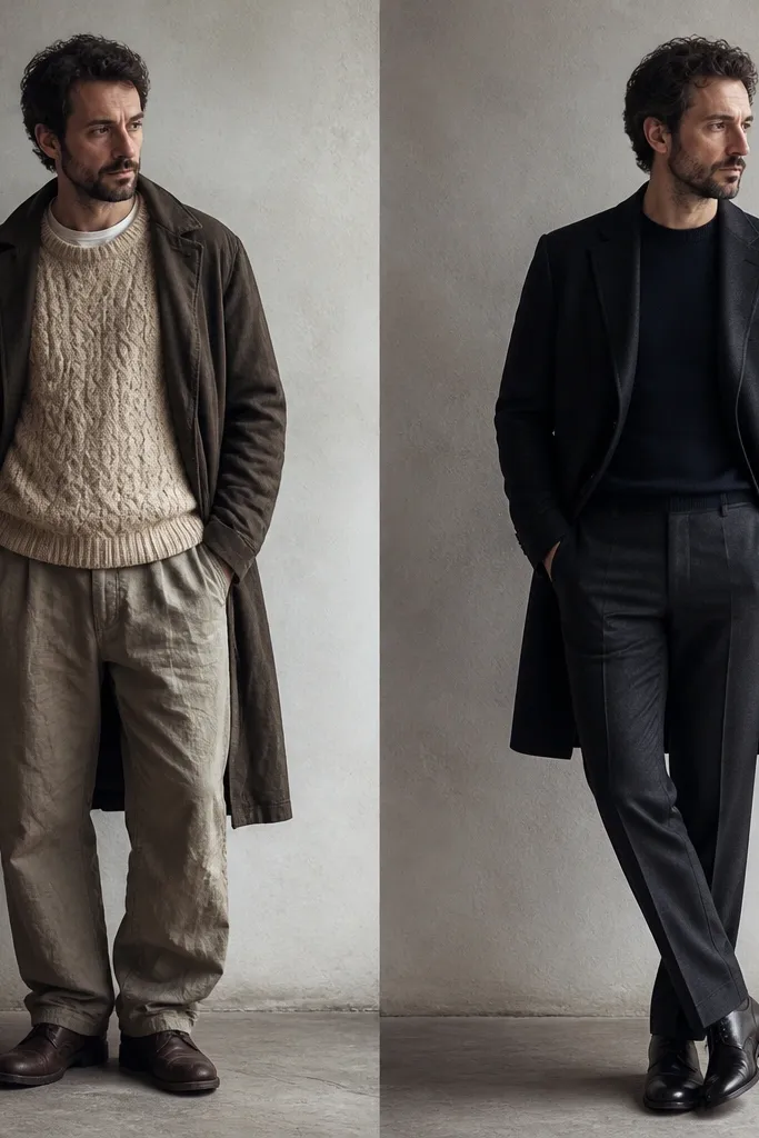 Split image: left shows a man in a chunky cable-knit sweater with wrinkled trousers and a long, shapeless coat; right shows him in a thin merino crewneck with tailored wool trousers and a fitted overcoat, collar neat and clean.