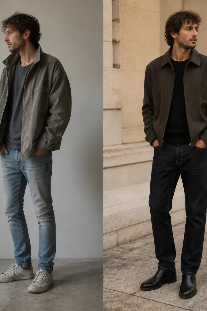 Split image: left shows a man in faded skinny jeans with scuffed sneakers and an oversized jacket; right shows him in dark straight-leg denim, a wool-blend jacket, and black leather boots with a slightly higher shaft.