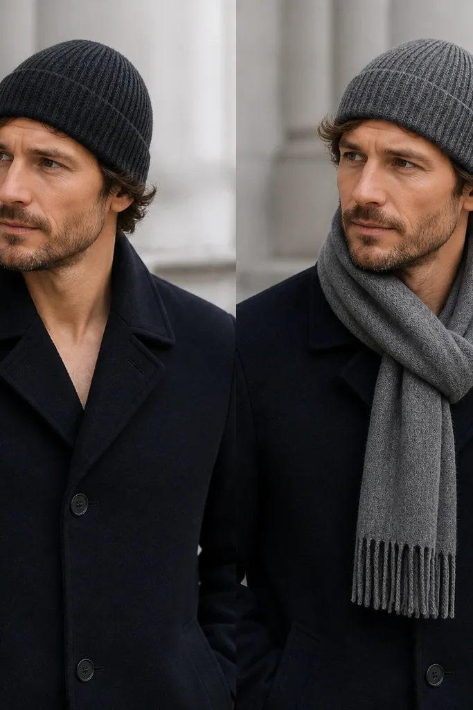Split image: left shows a man in a plain winter coat with bare neck and a dull knit beanie; right shows the same coat with a medium-gray scarf loosely wrapped once, plus a coordinated beanie in a similar tone.