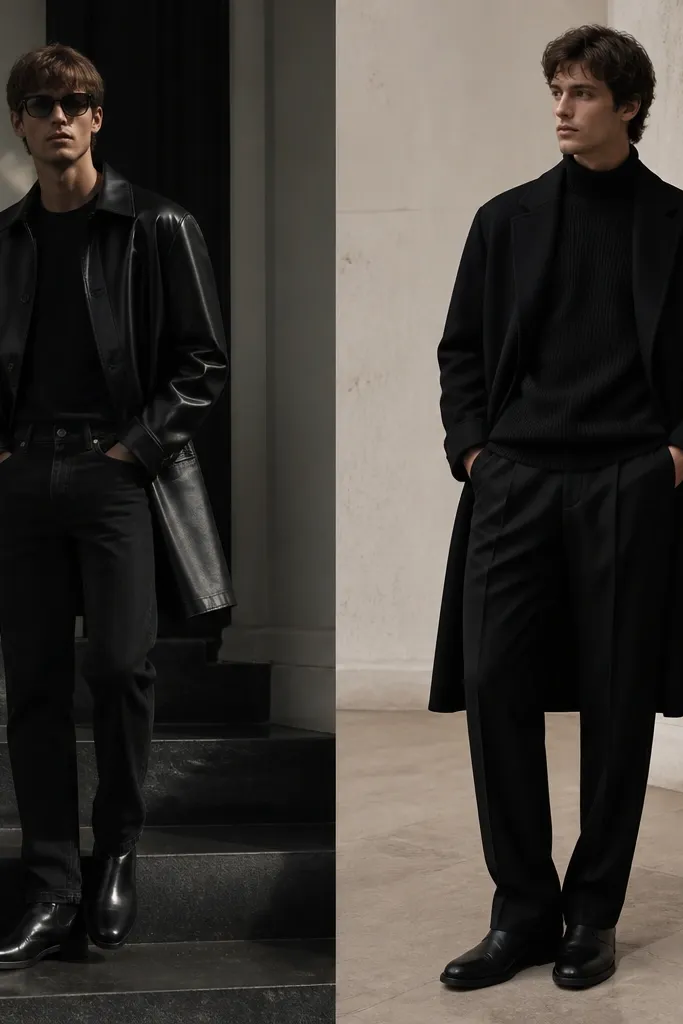 Split image: left shows a man in all-black items that look flat (matte tee, dark jeans, shiny coat); right shows layered black with visible textures: matte knit sweater, wool trousers, and a matte-finish coat.