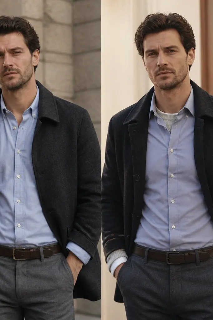Split image: left shows a man in a button-down shirt under a coat with sleeves looking too short; right shows a layered look with a long-sleeve thermal peeking at the cuffs, plus a tighter shirt fit and cleaner collar.