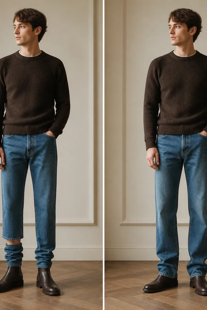 Split image: left shows jeans stopping high with no drape and bunching at the ankles; right shows the same jeans adjusted to fall with a slight break over the boot top, smoother through the leg.