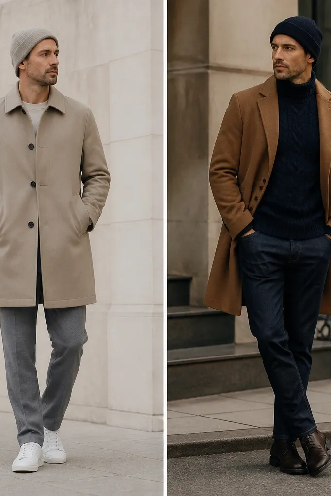 Split image: left shows a man in a plain beige coat with gray pants and a bland beanie; right shows a camel coat with navy knit sweater, dark jeans, and a darker beanie that matches the sweater.