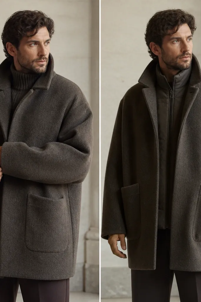 Split image: left shows a man in a thick heavy coat with wide sleeves; right shows the same outer coat but with a thin insulated vest underneath, keeping the coat’s shape and reducing sleeve puffiness.