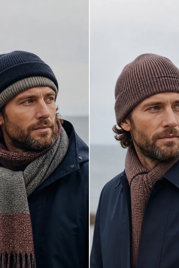 Split image: left shows a man wearing a dark beanie with a different-tone knit cap underneath (stacked look) and a mismatched scarf; right shows a single beanie in the same family as the scarf, with a clean jacket collar line.