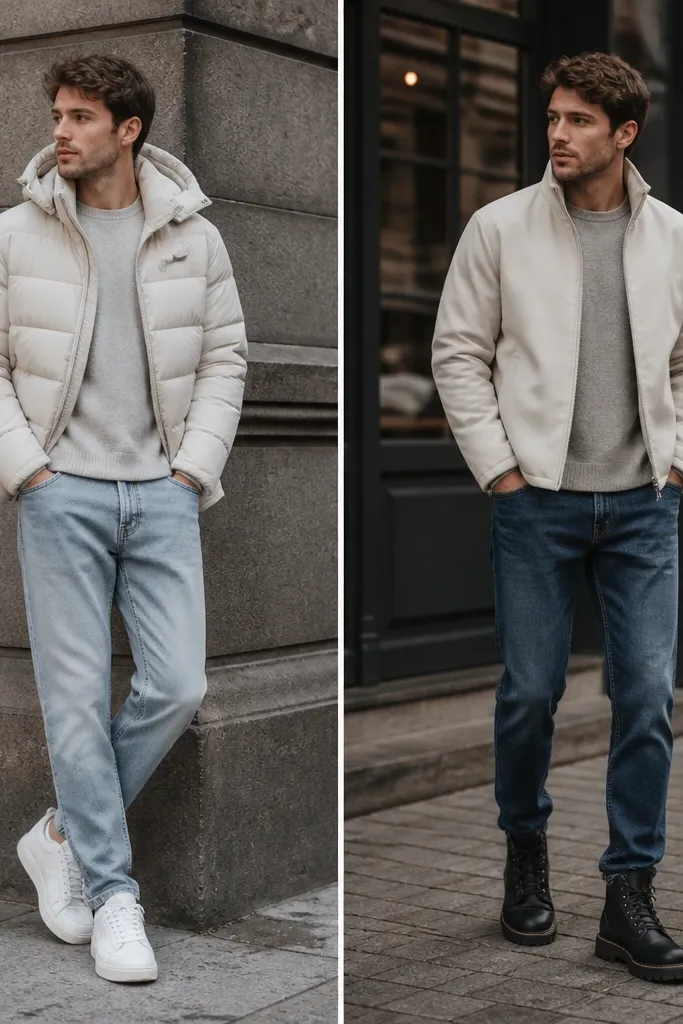 Split image: left shows a man in white sneakers with a puffy jacket and light jeans; right shows black winter boots with a slightly darker denim and a cleaner jacket hem height.