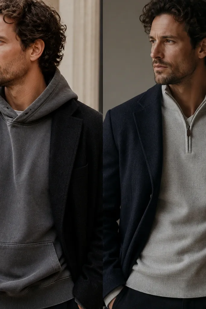 Split image: left shows a man in a faded cotton hoodie under a coat; right shows a wool-blend quarter zip sweater underneath, collar zipped halfway, with smoother fabric and cleaner lines.