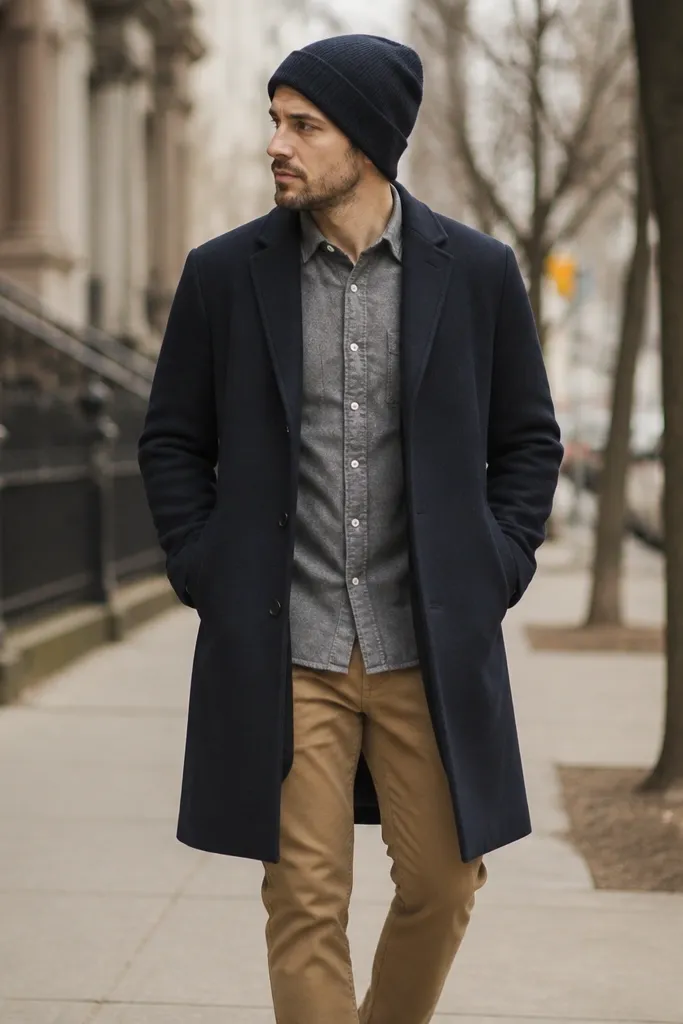A man wearing a navy wool overcoat over a gray flannel button-down, with camel chinos and a knit beanie; the scene is a city street with bare trees.