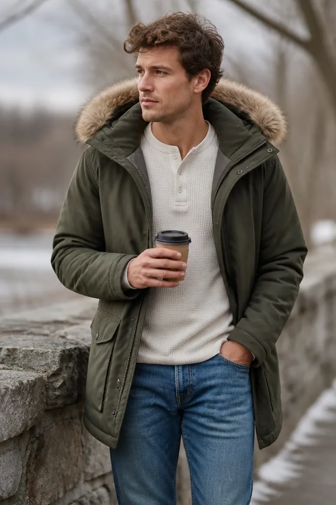 An olive green parka with a fur-trimmed hood, worn over a cream thermal henley and medium-wash straight-leg jeans; the person is holding a coffee cup outdoors in cold air.
