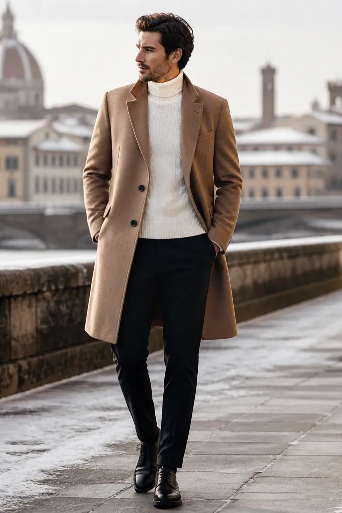 A man in a camel car coat over a white knit turtleneck, paired with black or very dark trousers and leather lace-up shoes; the image shows soft winter daylight.