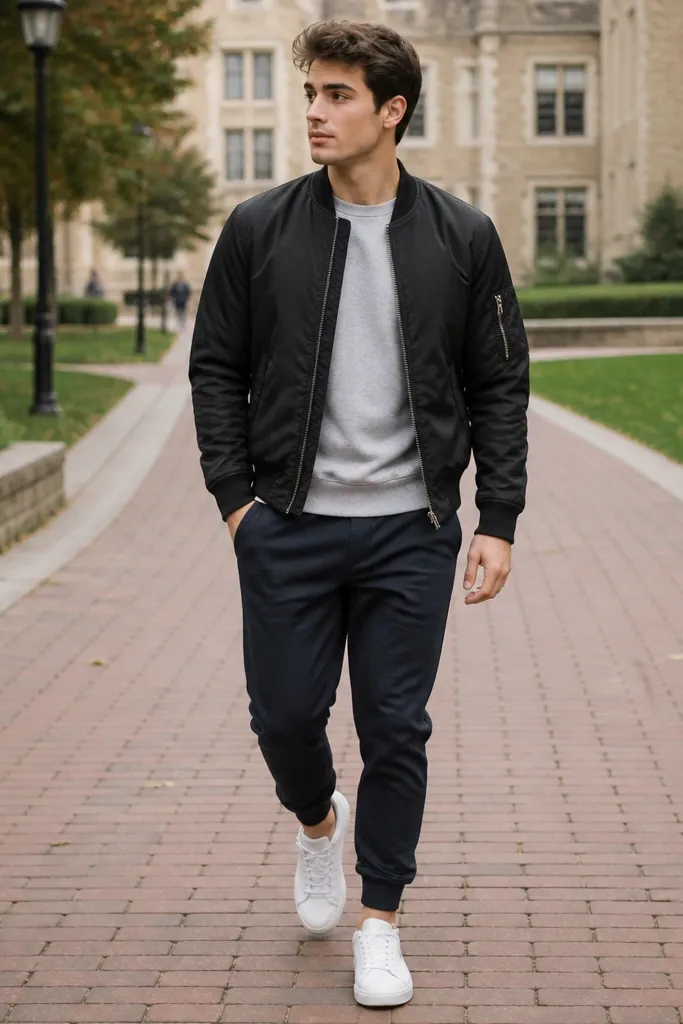 A man wearing a black bomber jacket over a heather gray sweatshirt, paired with dark jogger-cut pants and clean white sneakers; the setting looks like a campus walkway.
