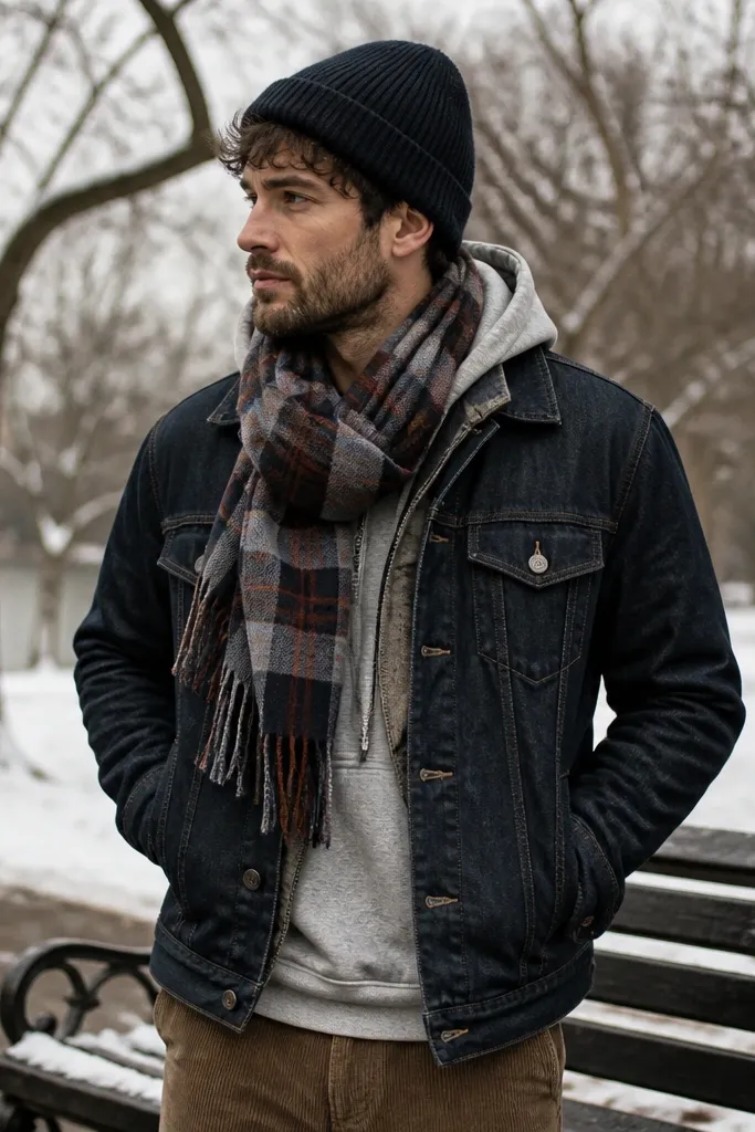 A man layering a dark denim jacket over a hoodie, with a plaid wool scarf wrapped around the neck and a knit beanie; the background shows a park bench in winter.