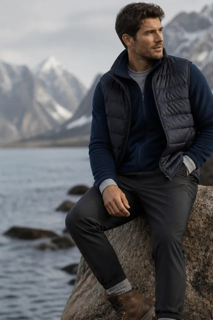 A man wearing a zip-up fleece in navy, with a quilted vest on top, layered over a thermal long-sleeve base; he’s in dark pants and winter boots.