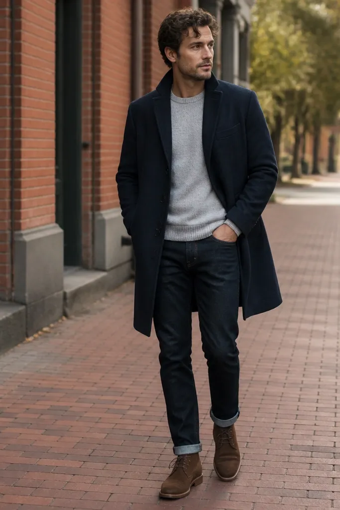 A man in a navy overcoat over a light gray crewneck sweater, paired with dark jeans and brown chukka boots; the photo shows a brick sidewalk.