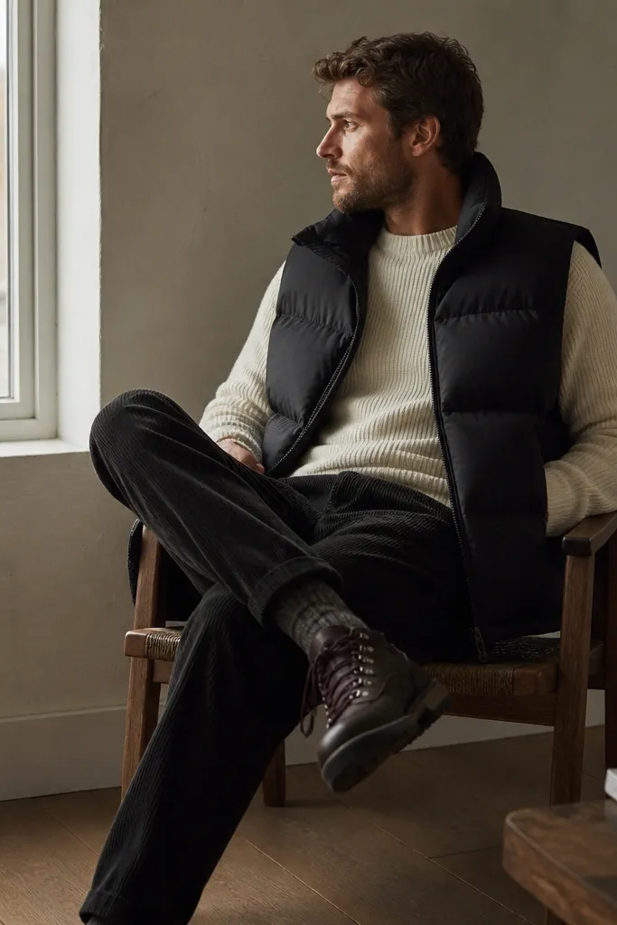 A man wearing a ribbed knit cream crewneck sweater under a black puffer vest, paired with dark corduroy pants and rugged winter shoes; the scene is indoors near a window.