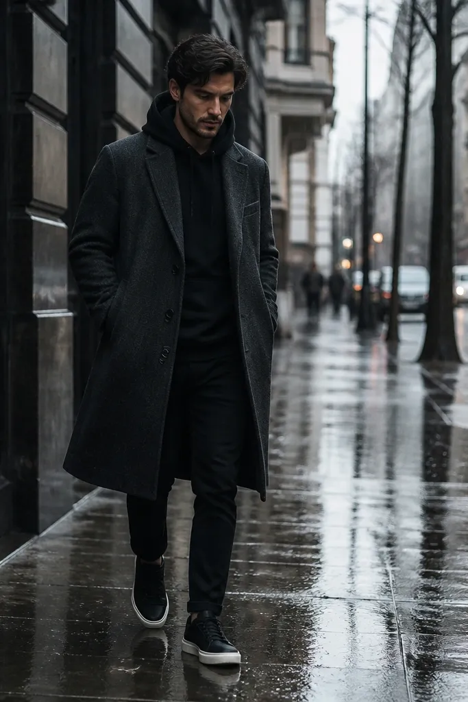 A man wearing a long wool overcoat in charcoal over a black hoodie, paired with black jeans and minimalist sneakers; the setting is a rainy city street with reflections.