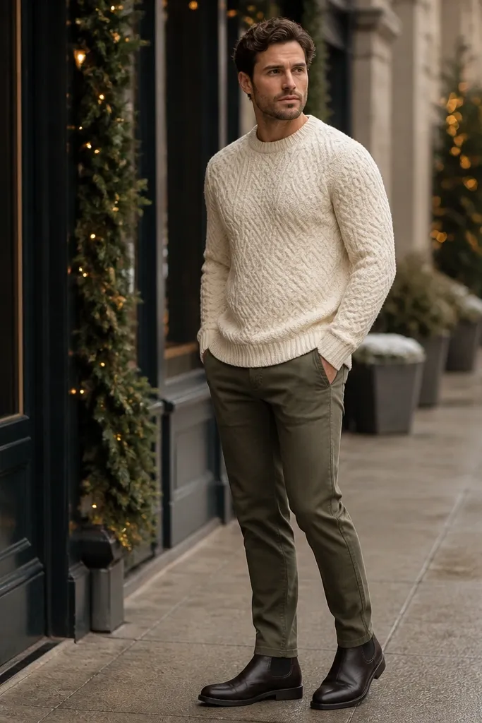 A man in a cream cable-knit sweater, olive trousers, and dark Chelsea boots; he’s standing outside near a storefront with winter lights.