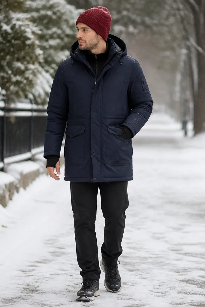 A man in a navy parka with a red knit beanie, wearing black thermal base layers visible at the cuffs, paired with dark pants and winter sneakers; the backdrop is a snowy sidewalk.