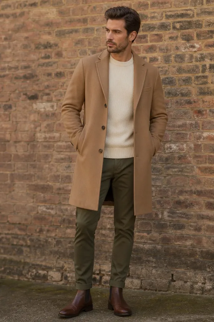 A man in a camel wool overcoat layered over a cream knit sweater, with olive tapered chinos and brown leather boots. He’s standing in front of a brick wall, hands in coat pockets.