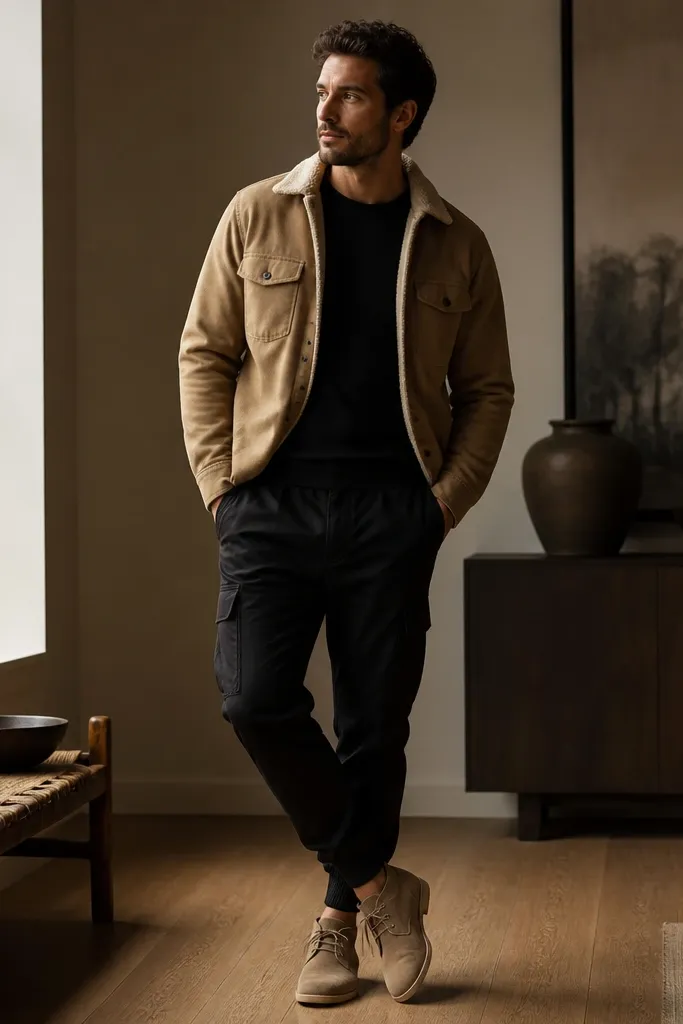A man wearing a tan sherpa-lined overshirt over a black fitted T-shirt. He has black cargo joggers and tan suede desert boots. The photo shows him indoors near a window with warm lighting.