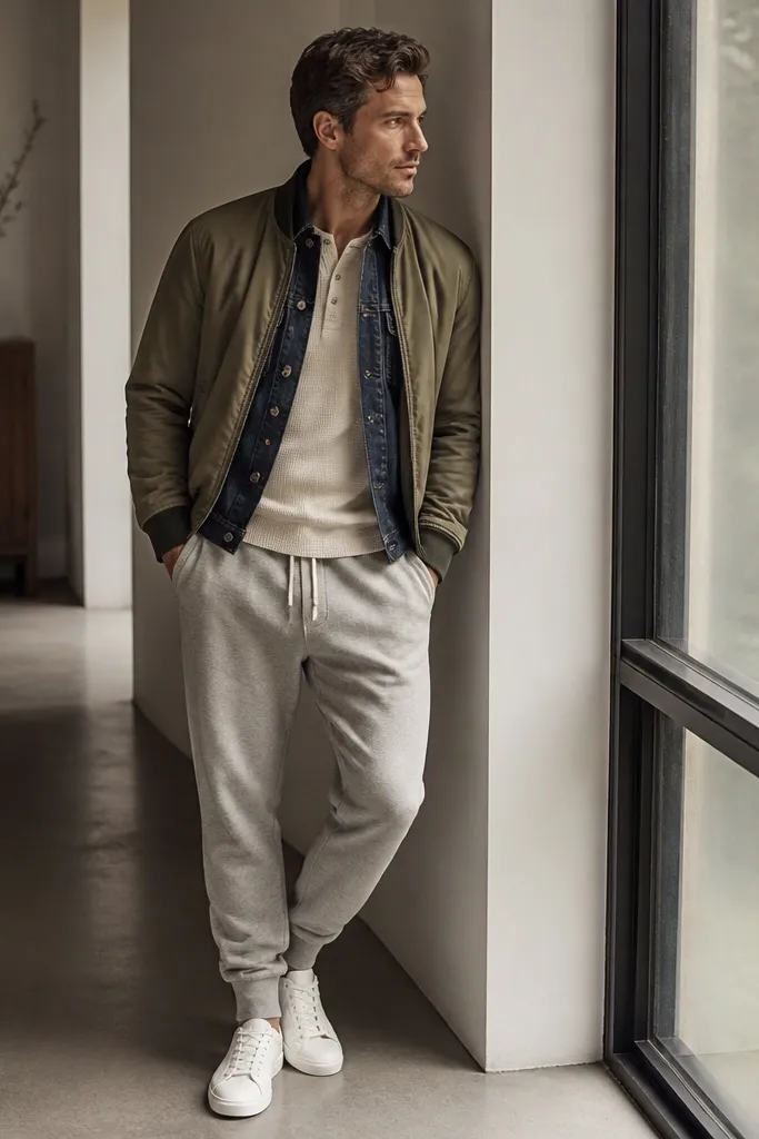 A man layered in a dark denim jacket open over a long-sleeve thermal henley in oatmeal, plus a lightweight olive bomber peeking at the edges. He’s wearing grey sweatpants and white sneakers.