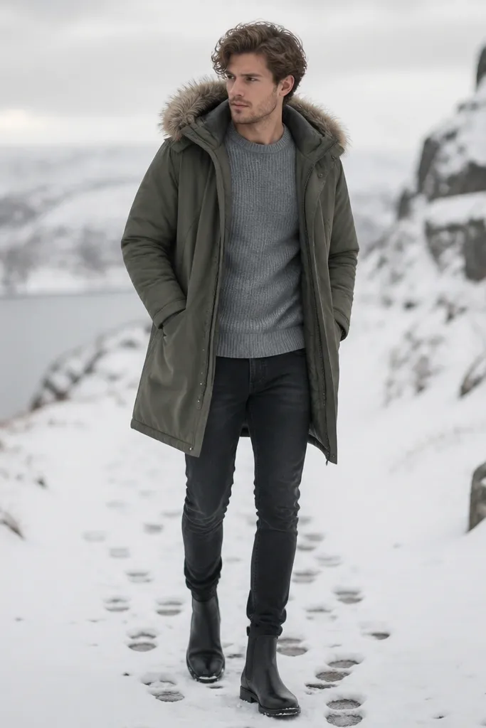 A man wearing a longline olive parka with a fur-trim hood over a ribbed grey sweater. He’s in dark slim jeans and black Chelsea boots. The scene is snowy, with footprints visible.