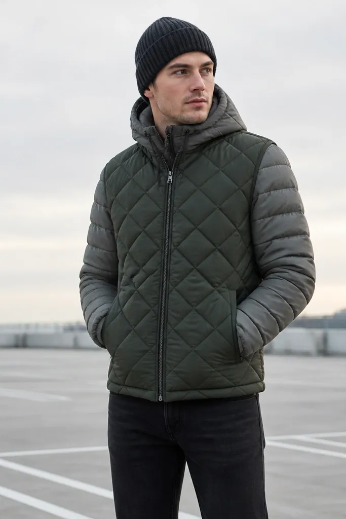 A man wearing a quilted dark green vest over a hoodie that has a puffer-like texture on the sleeves. He has black jeans and a knit beanie. The photo is taken in a parking lot with pale winter sky.