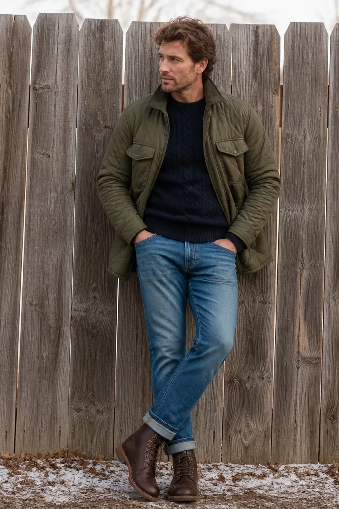 A man wearing a navy cable-knit sweater under a padded olive overshirt. He’s in dark brown work boots and medium-wash jeans. The background is a wooden fence with winter light.